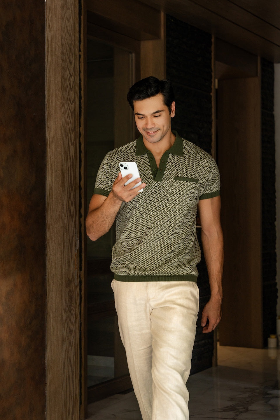 Jacquard Knit Polo in Moss Matrix