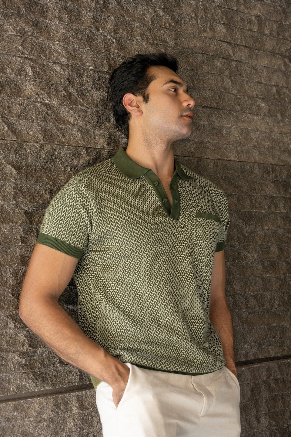 Jacquard Knit Polo in Moss Matrix