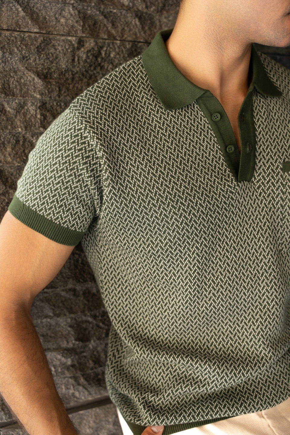 Jacquard Knit Polo in Moss Matrix