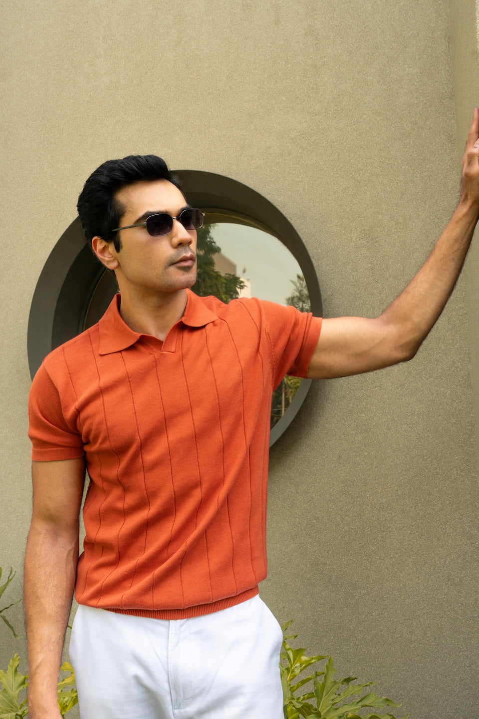 Johnny-Collar Knit Polo in Tuscan Terra