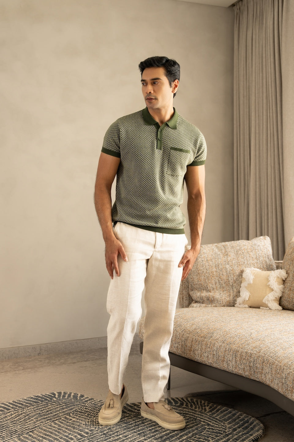 Jacquard Knit Polo in Moss Matrix