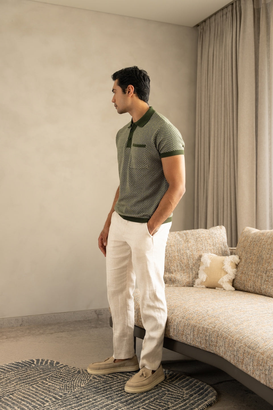 Jacquard Knit Polo in Moss Matrix