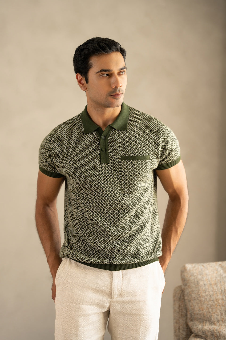 Jacquard Knit Polo in Moss Matrix