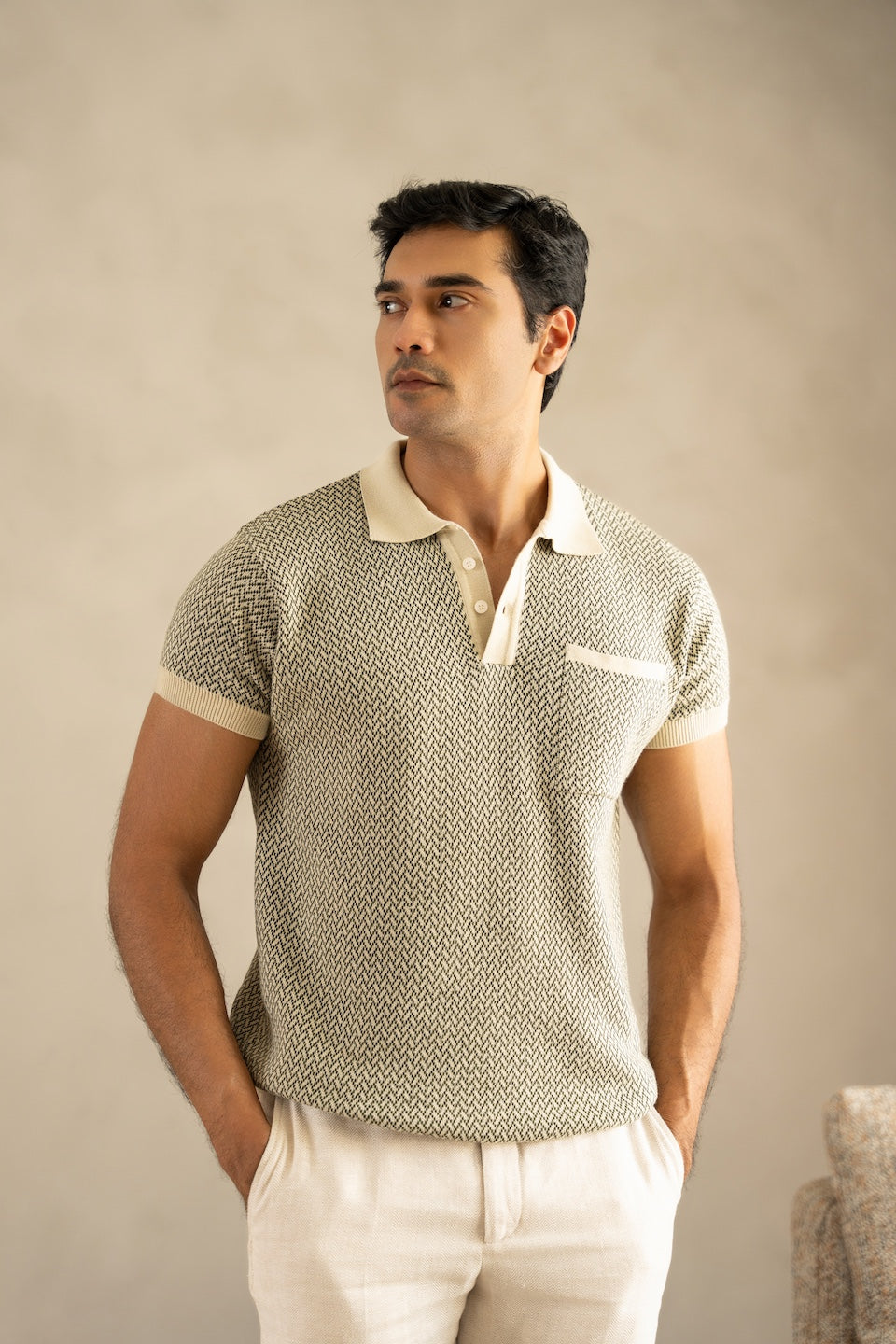 Jacquard Knit Polo in Ivory Matrix