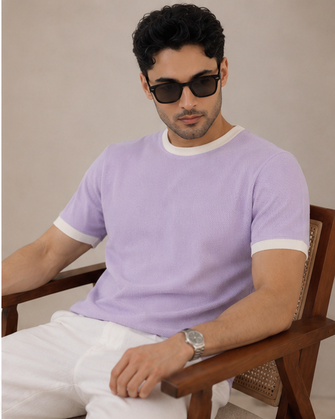 Textured Harmony Round Neck Tee In Lilac