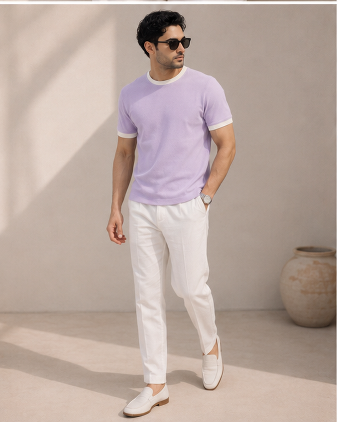 Textured Harmony Round Neck Tee In Lilac