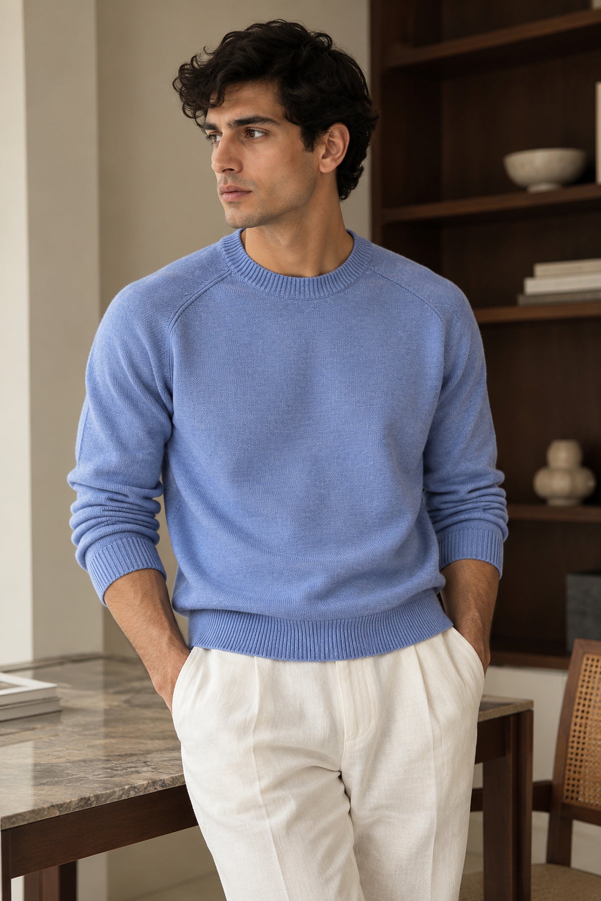 The Cortina Mélange Crewneck Knit in Cielo Blue