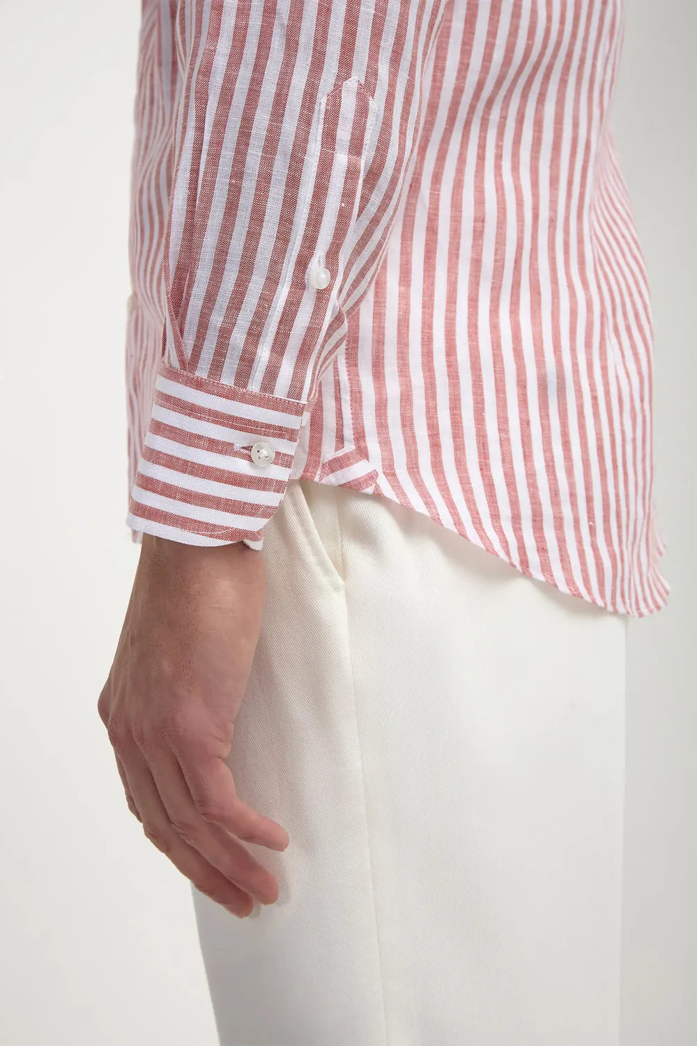 The Monaco Linen Striped Shirt in Raspberry Red