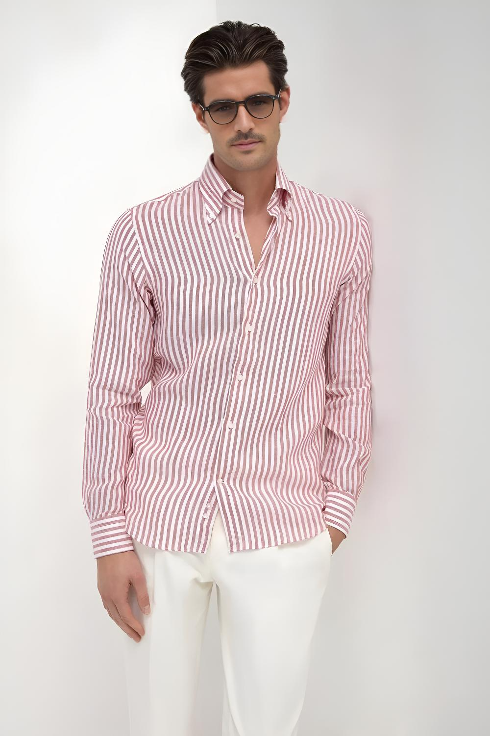 The Monaco Linen Striped Shirt in Raspberry Red