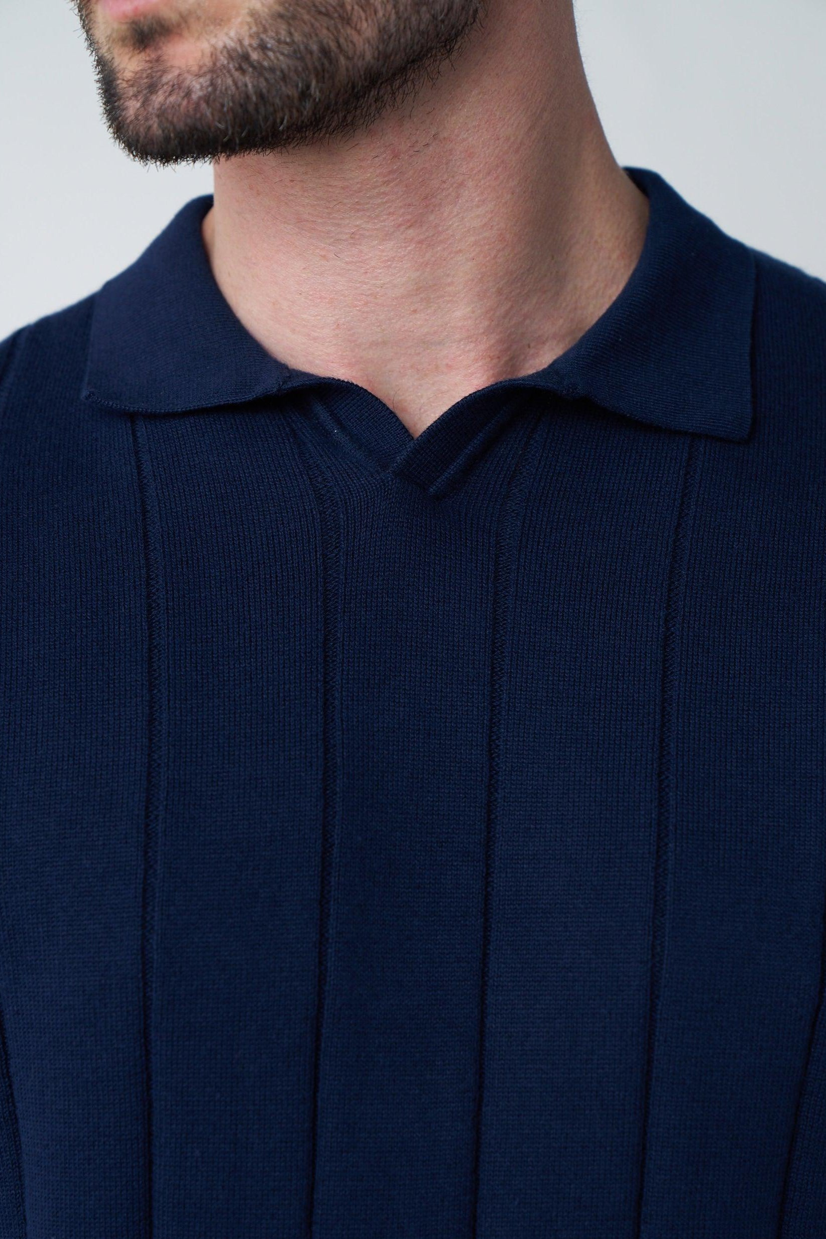 Johnny-Collar Knit Polo in Navy Blue