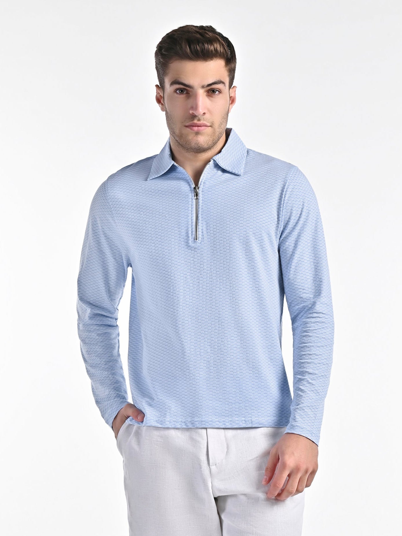 Mercerised Jacquard Full Sleeve Polo in Mykanos Blue