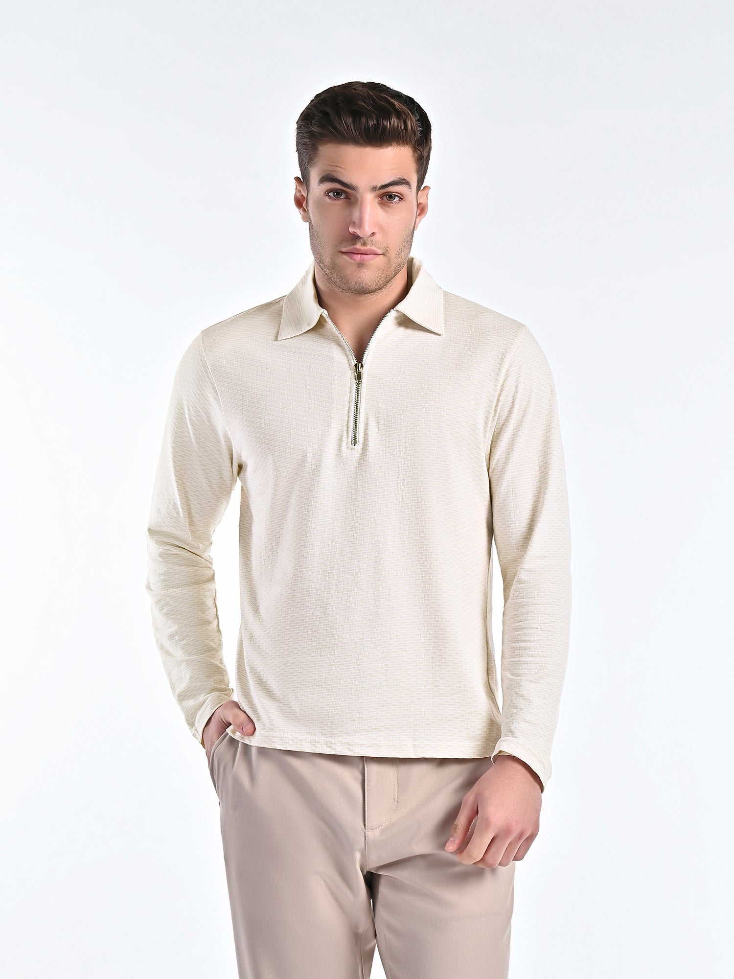 Mercerised Jacquard Full Sleeve Polo in Biscotti Beige