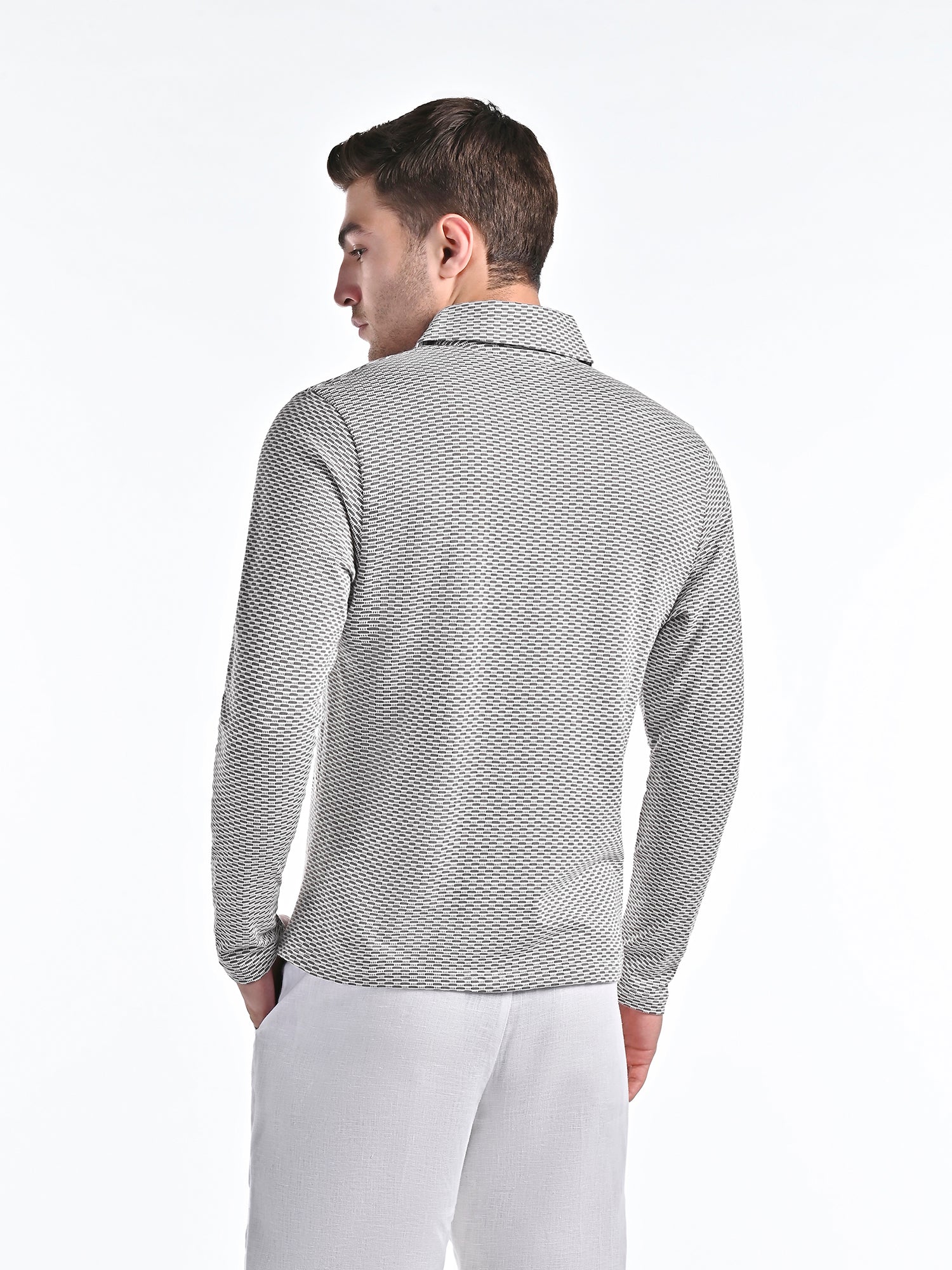 Mercerised Jacquard Full Sleeve Polo in Ash Grey