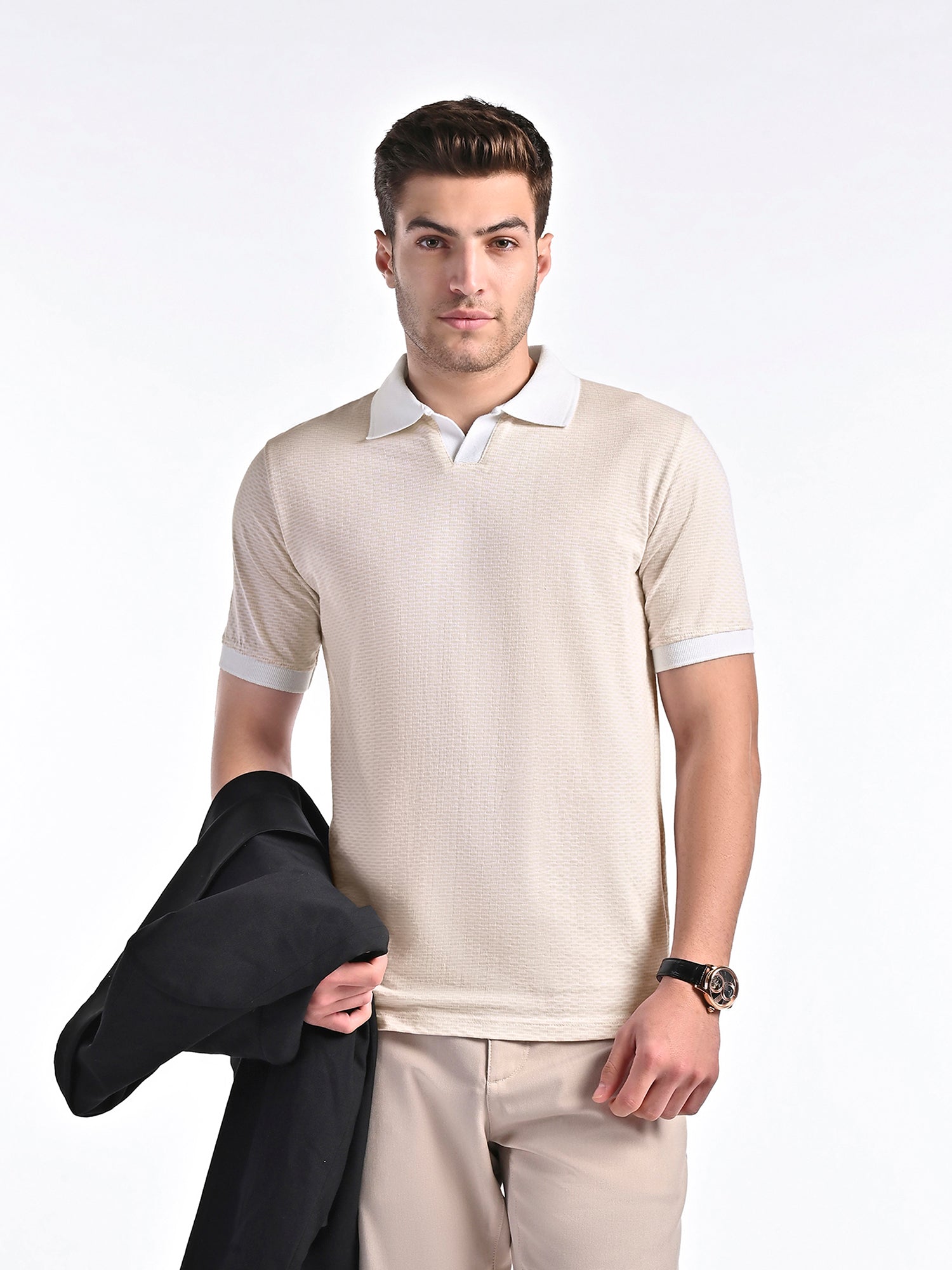 Mercerised Jacquard Polo in Biscotti Beige