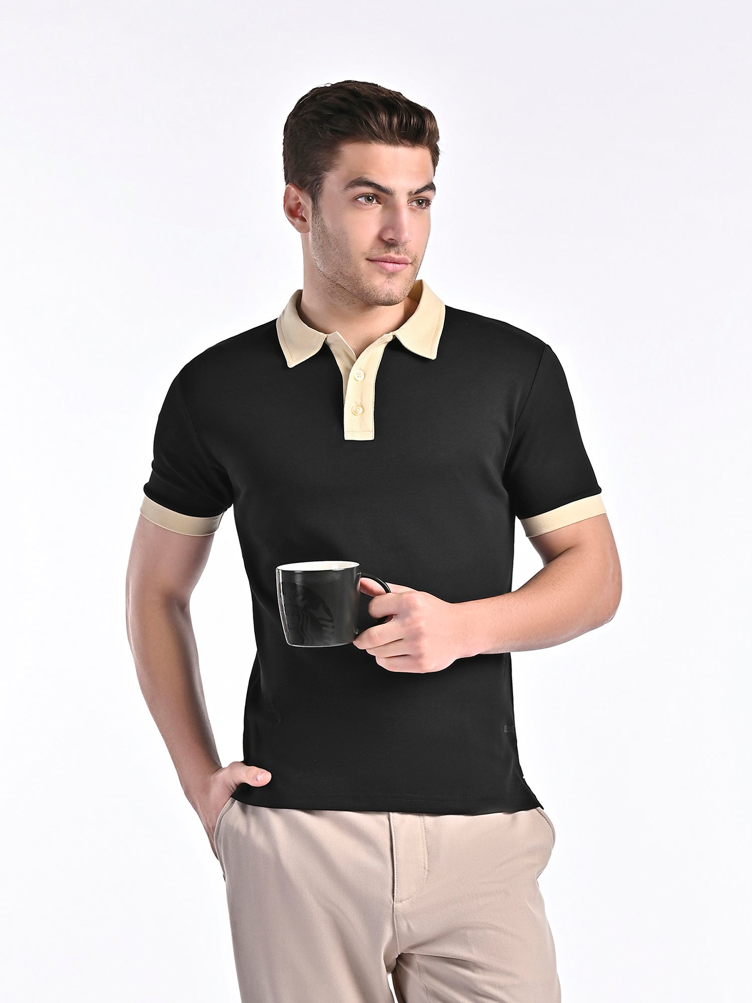 Smooth-Touch Contrast Polo in Gloss Black