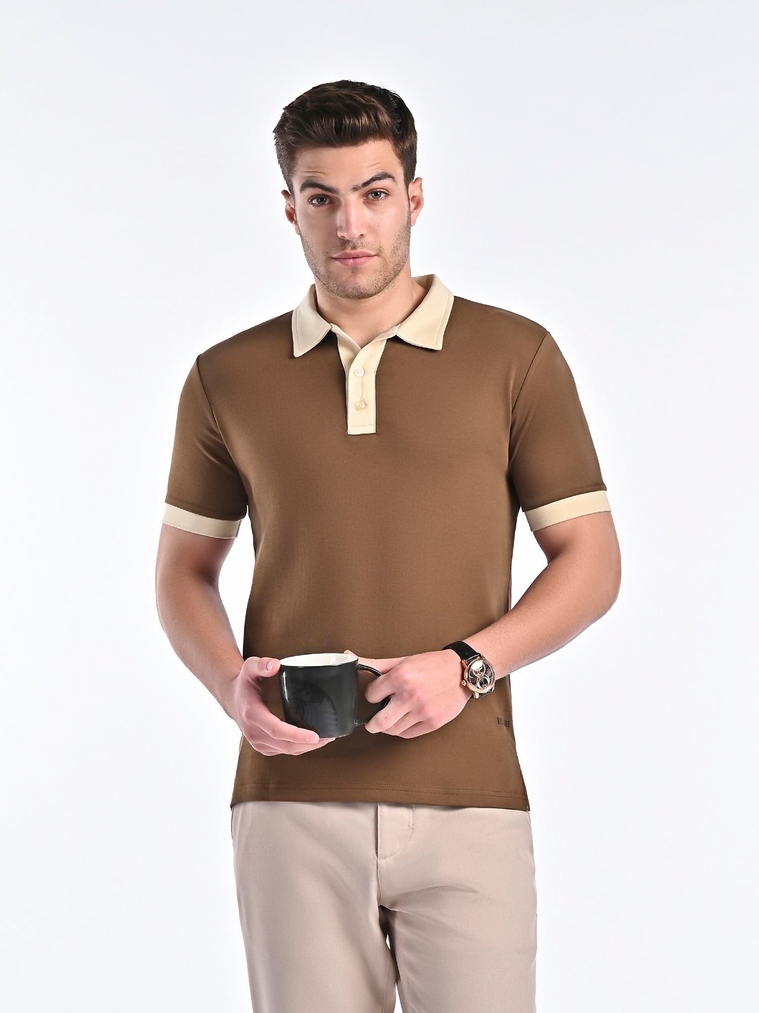 Smooth-Touch Contrast Polo in Cinnamon Brown