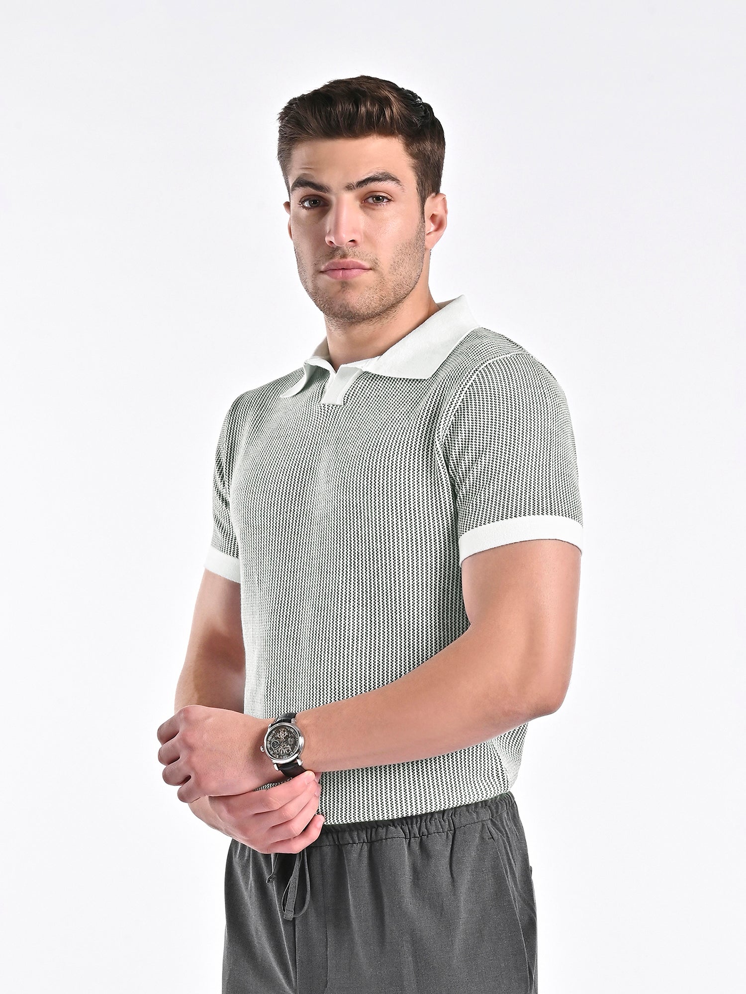 Jacquard Johnny-Collar Knit Polo in Forest Green X White