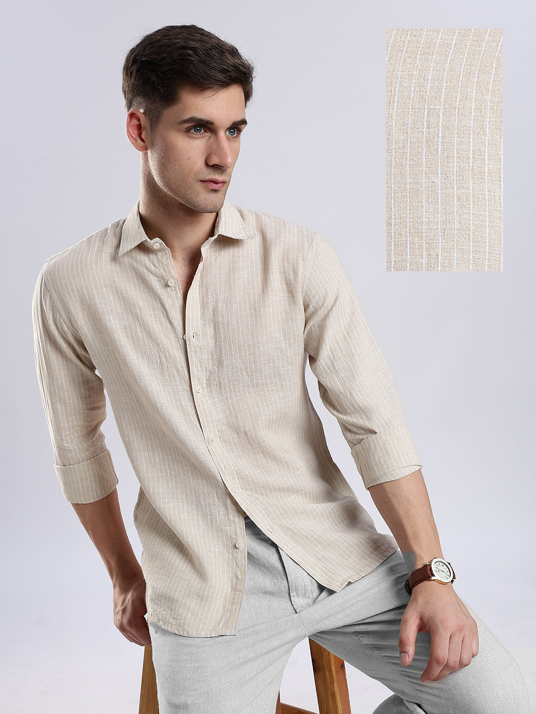 100% Linen French Almond Pinstripe Shirt