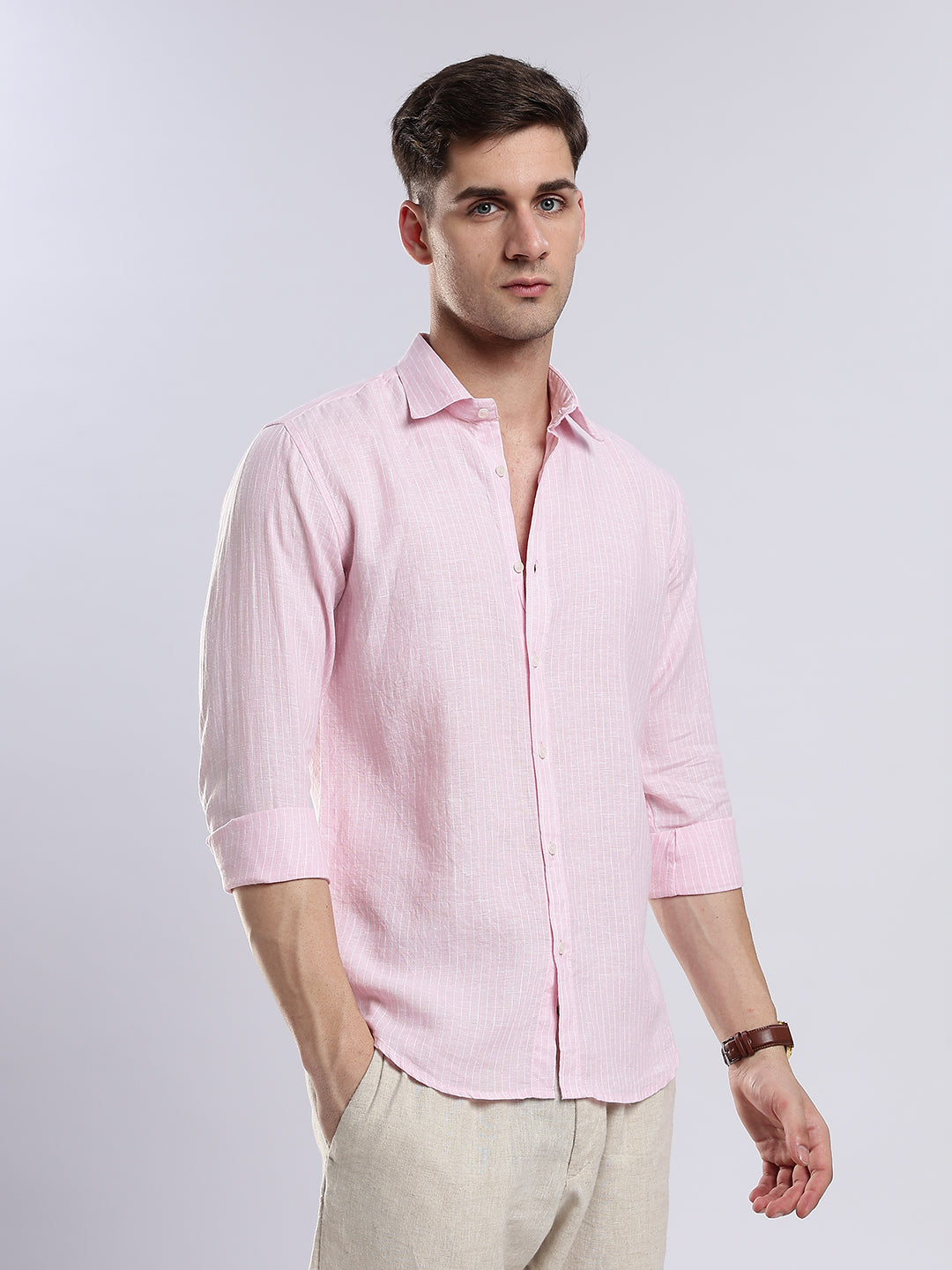100% Linen French Rosé Pinstripe Shirt