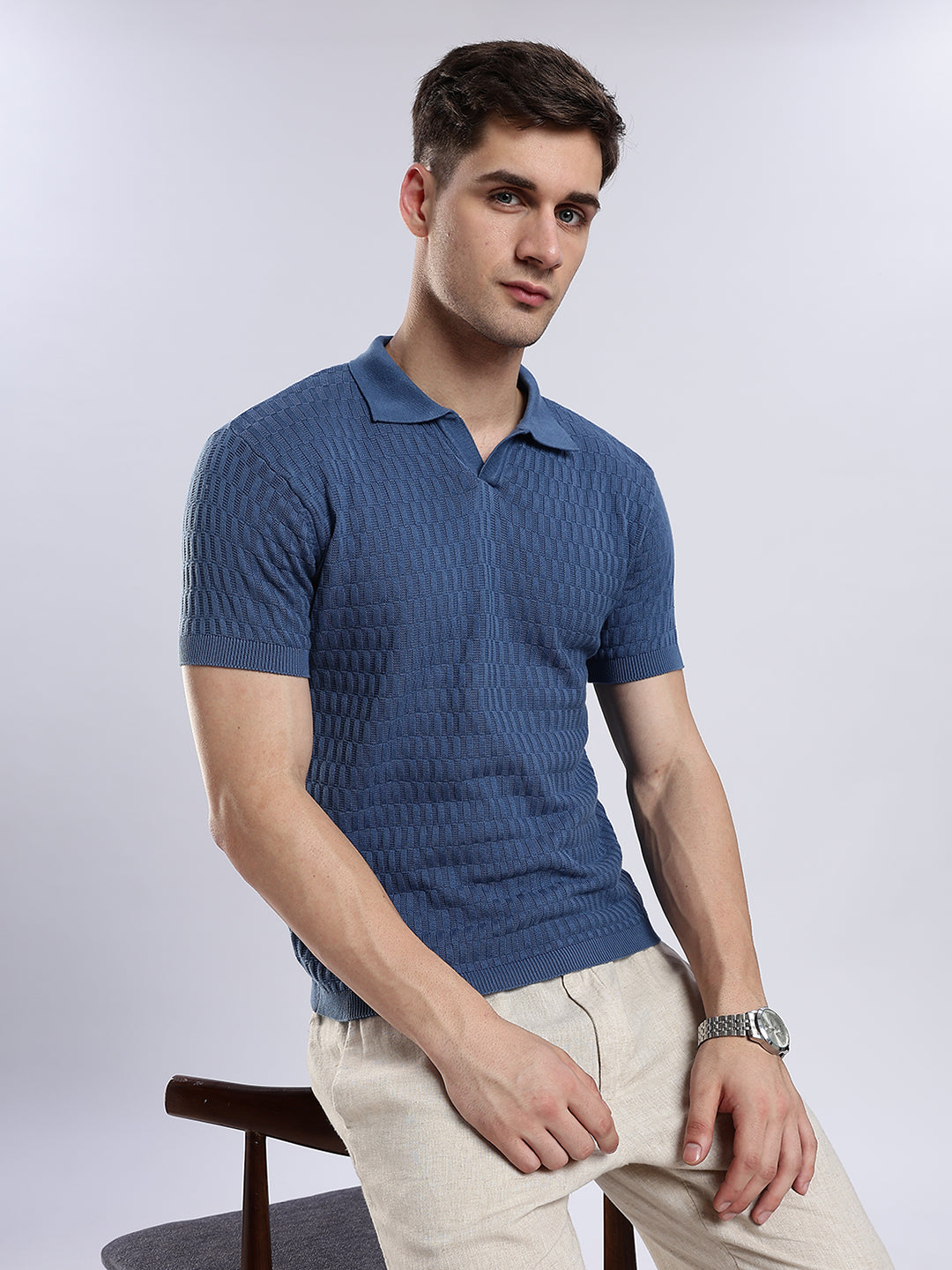 Heritage Grid Jacquard Polo in Navy