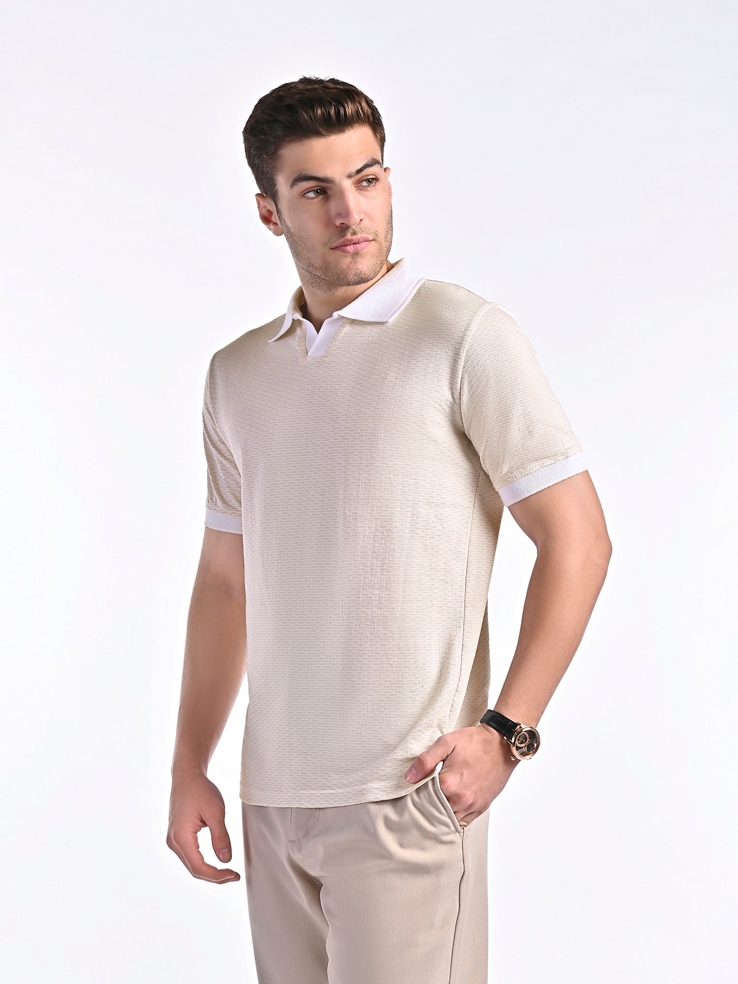 Mercerised Jacquard Polo in Biscotti Beige