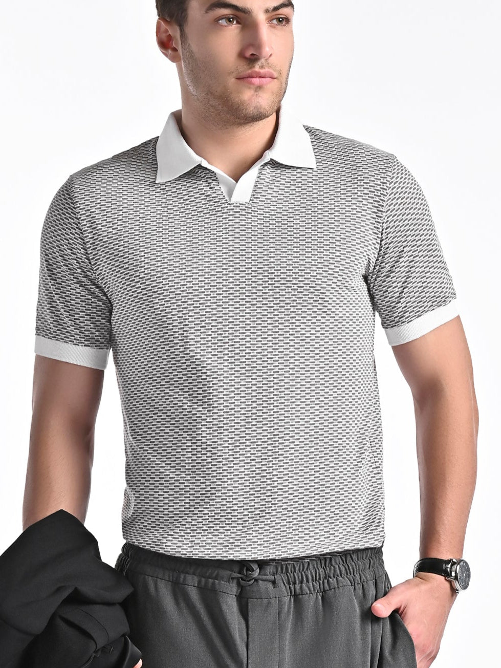 Mercerised Jacquard Polo in Ash Grey