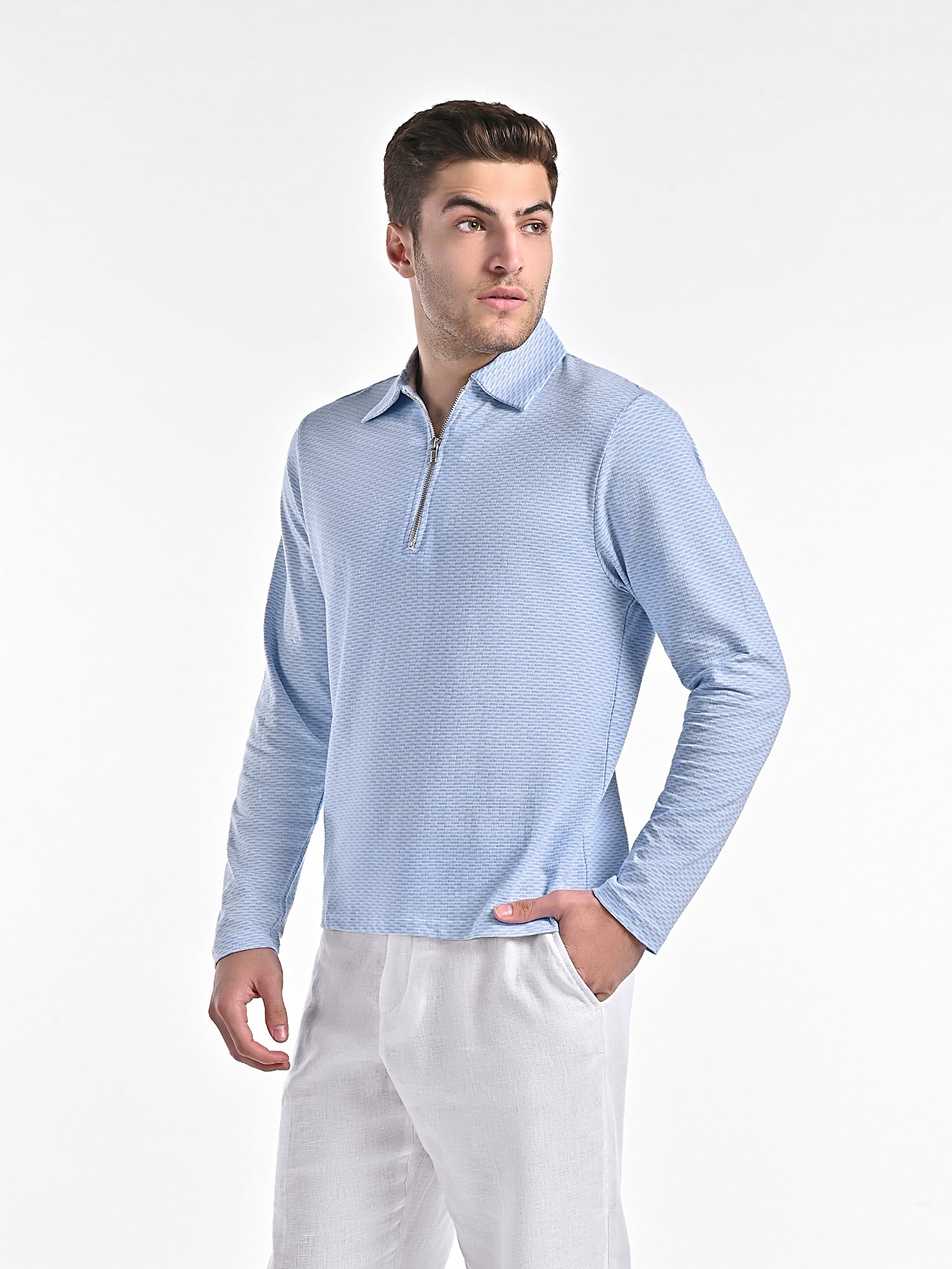 Mercerised Jacquard Full Sleeve Polo in Mykanos Blue