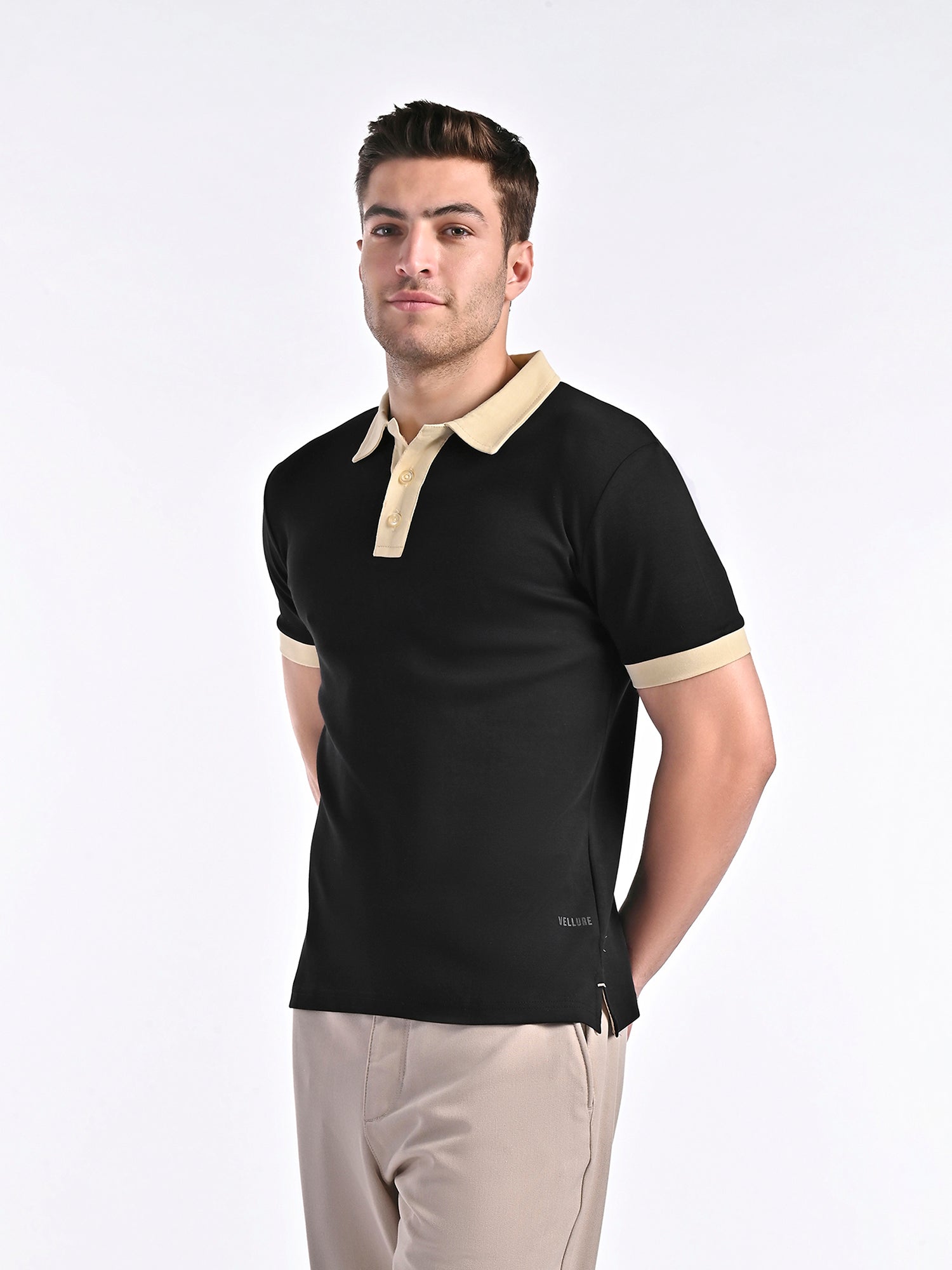 Smooth-Touch Contrast Polo in Gloss Black