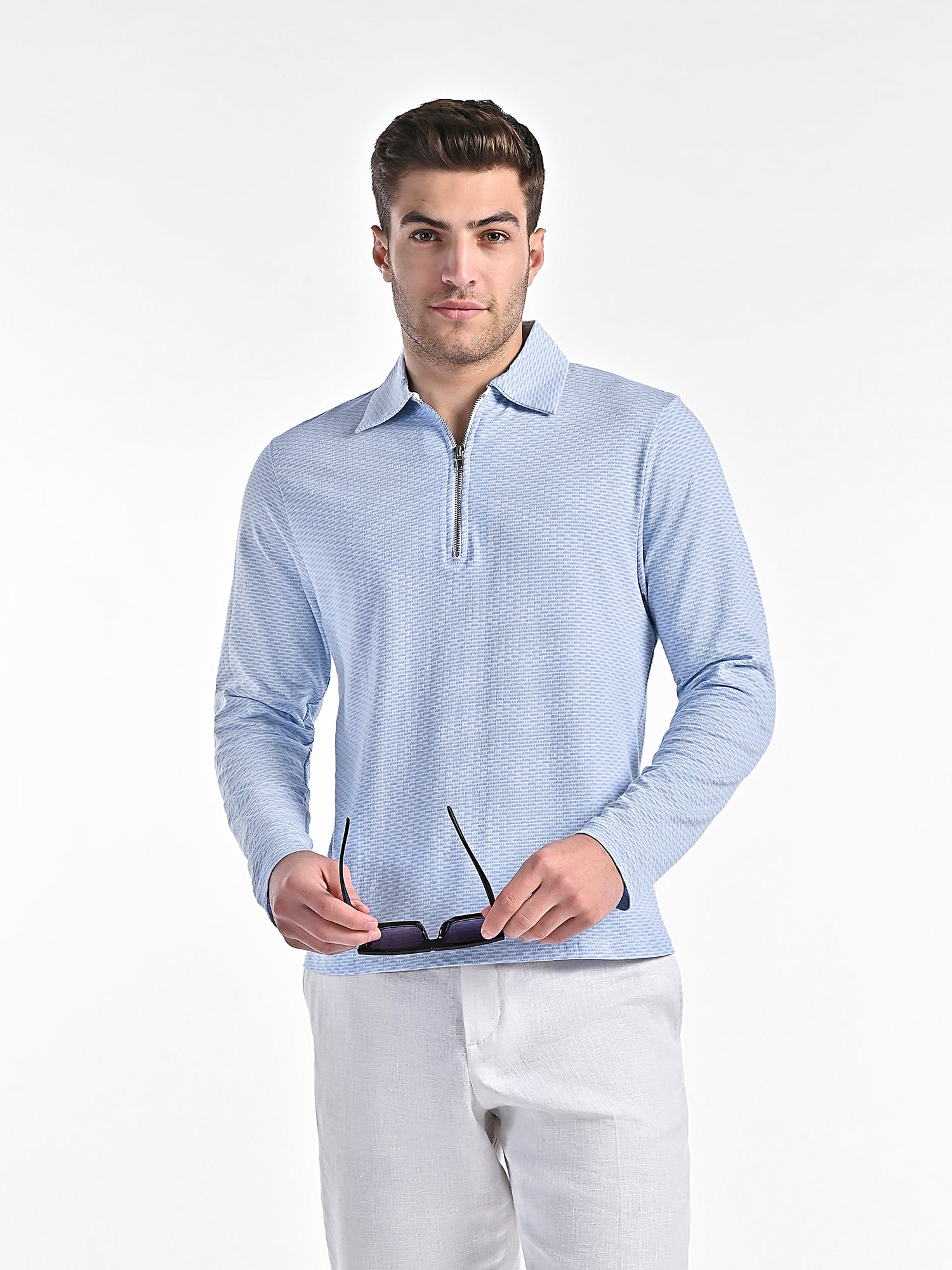 Mercerised Jacquard Full Sleeve Polo in Mykanos Blue