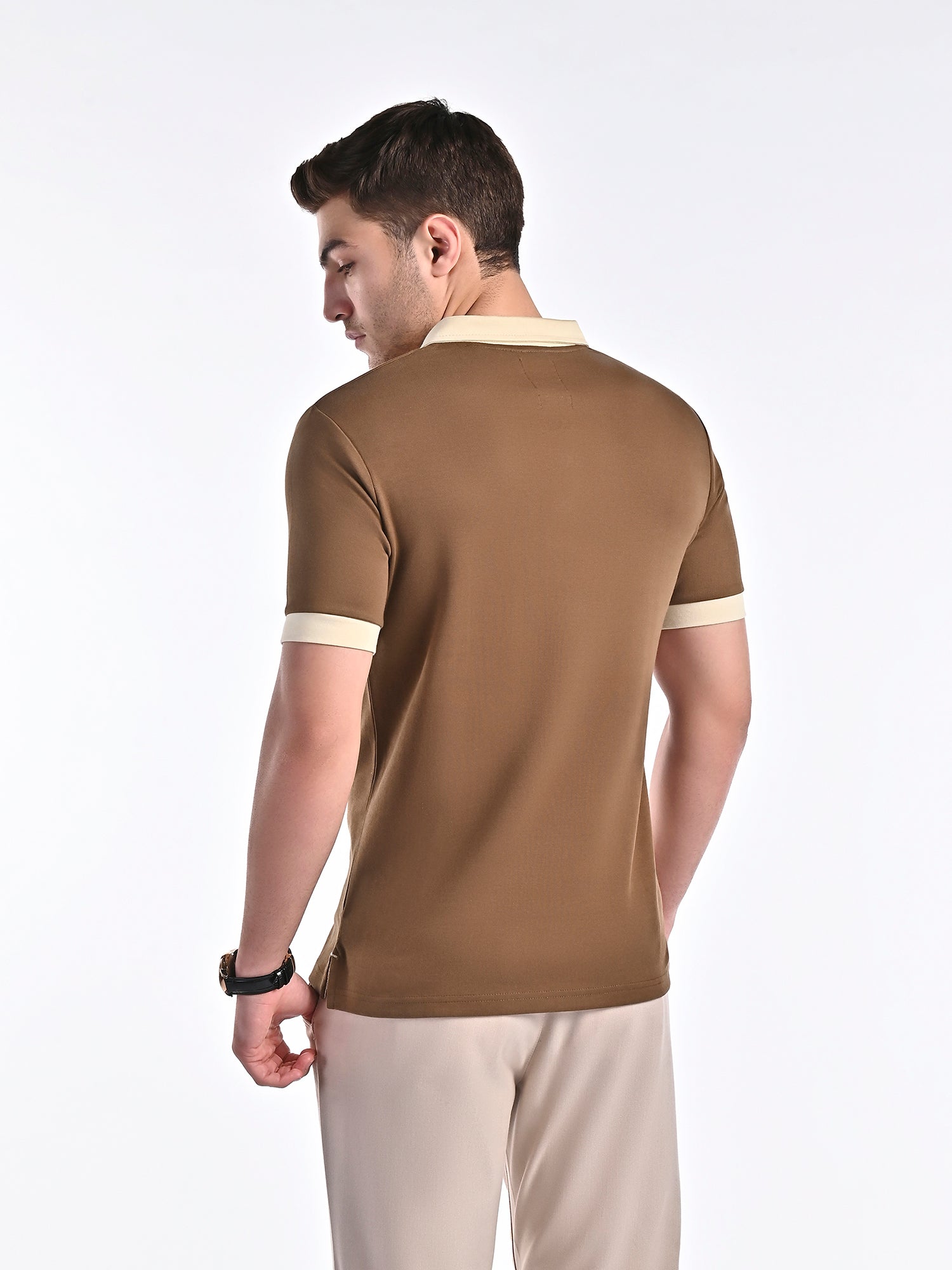 Smooth-Touch Contrast Polo in Cinnamon Brown