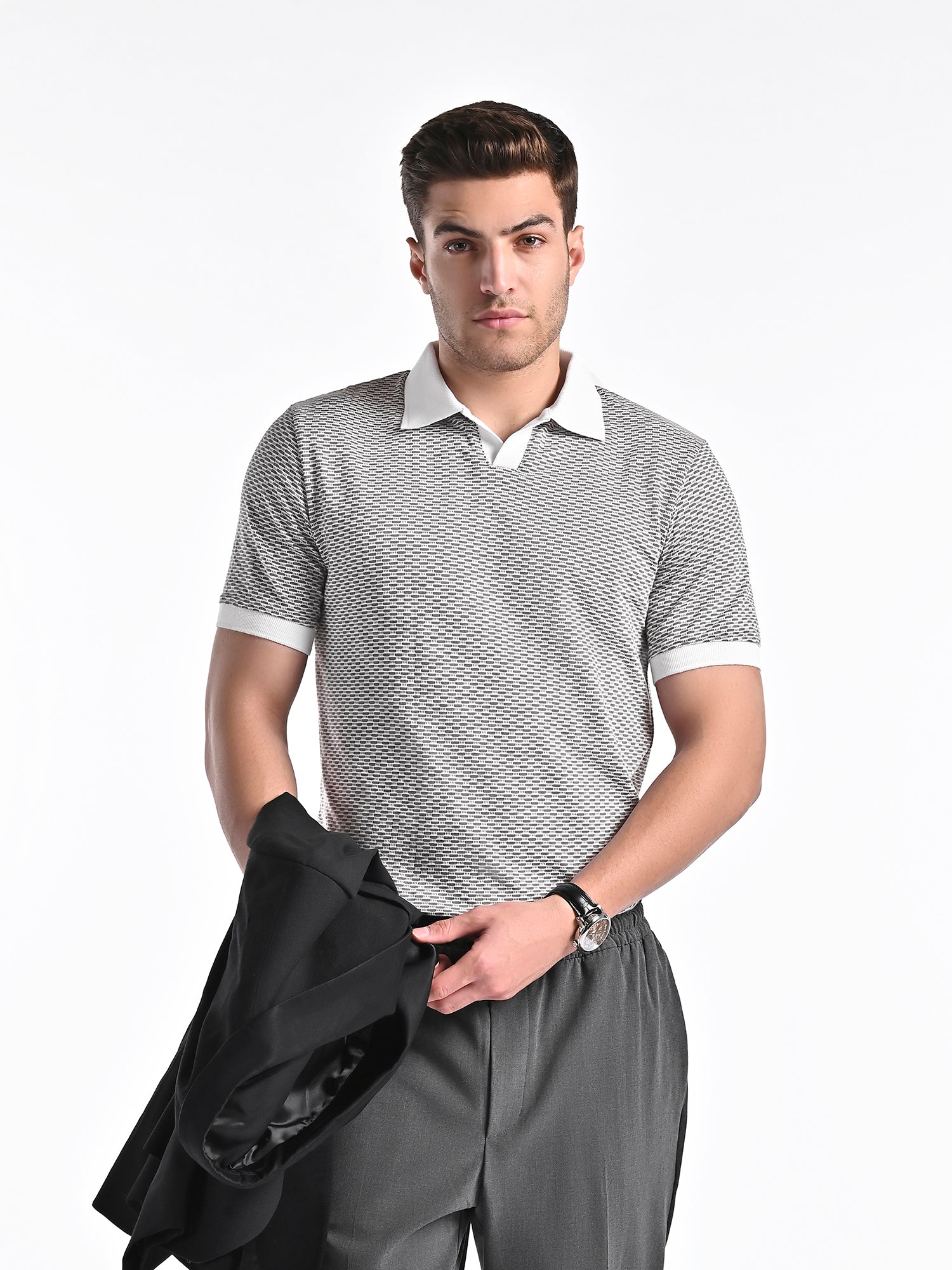 Mercerised Jacquard Polo in Ash Grey