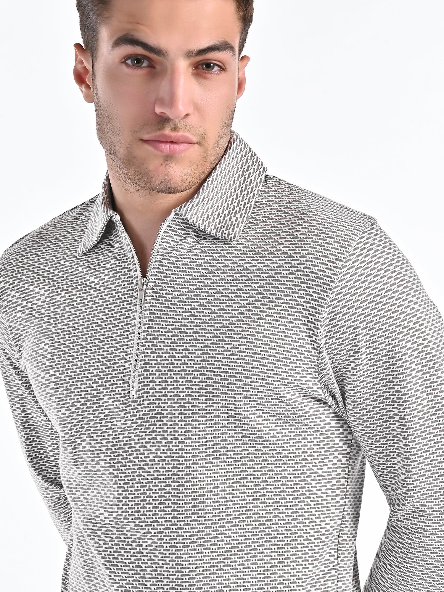 Mercerised Jacquard Full Sleeve Polo in Ash Grey