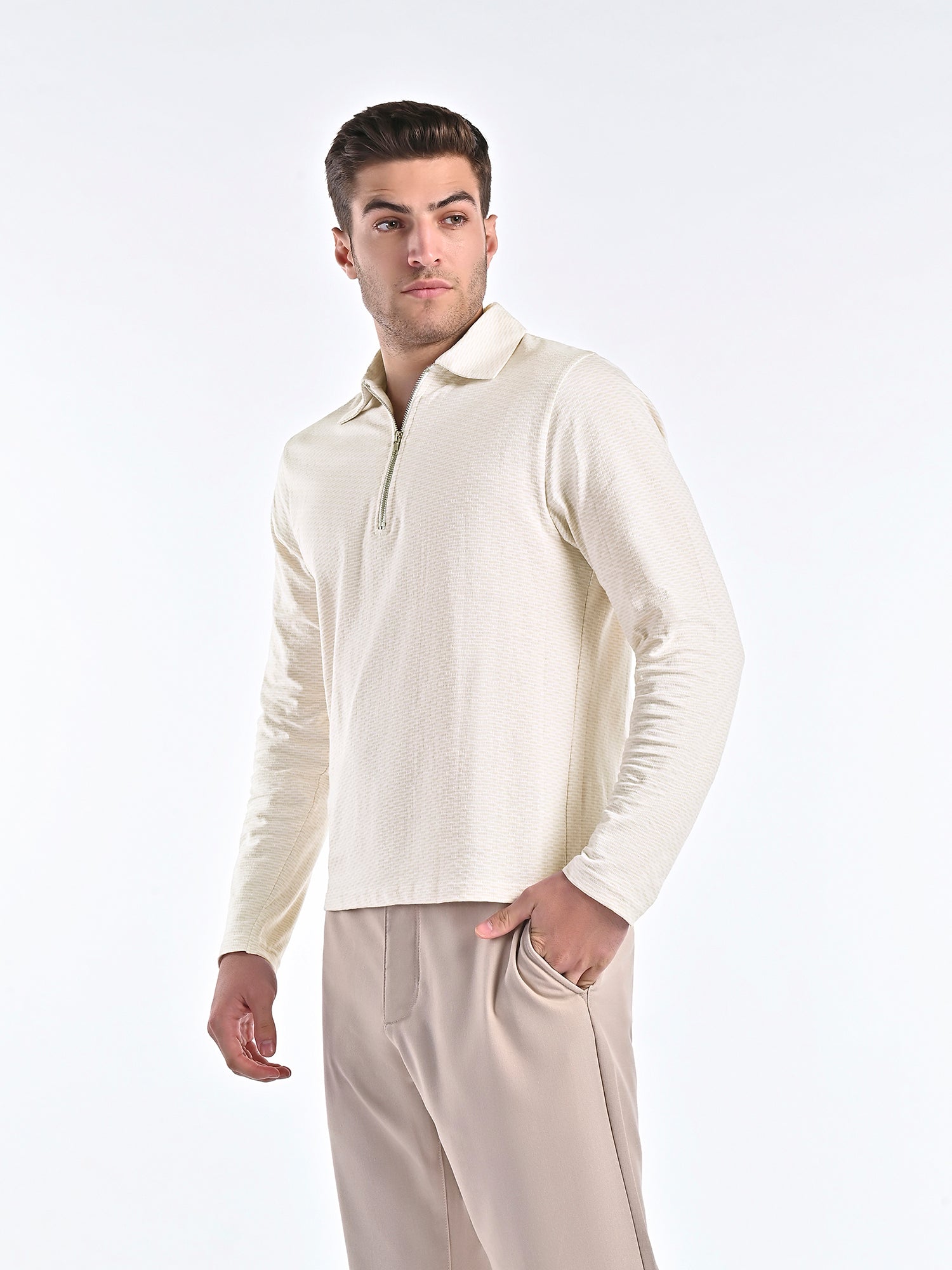 Mercerised Jacquard Full Sleeve Polo in Biscotti Beige