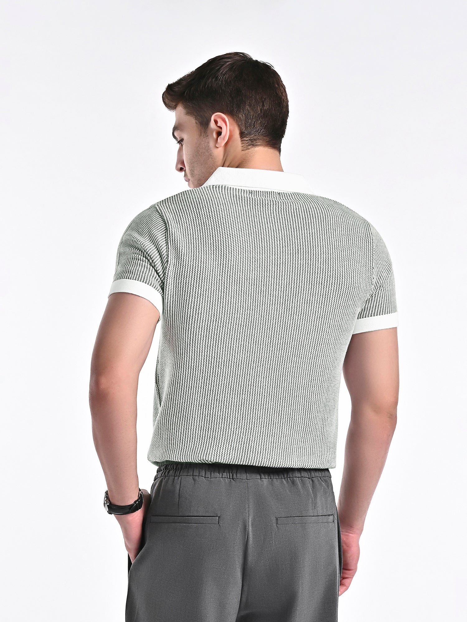 Jacquard Johnny-Collar Knit Polo in Forest Green X White