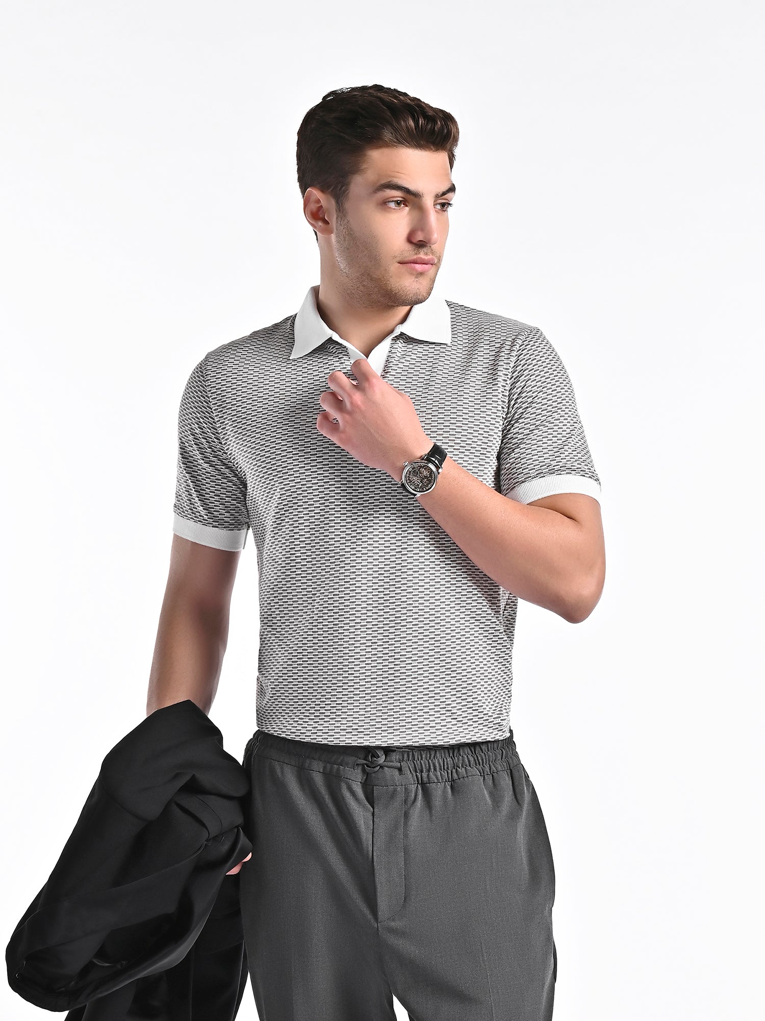 Mercerised Jacquard Polo in Ash Grey