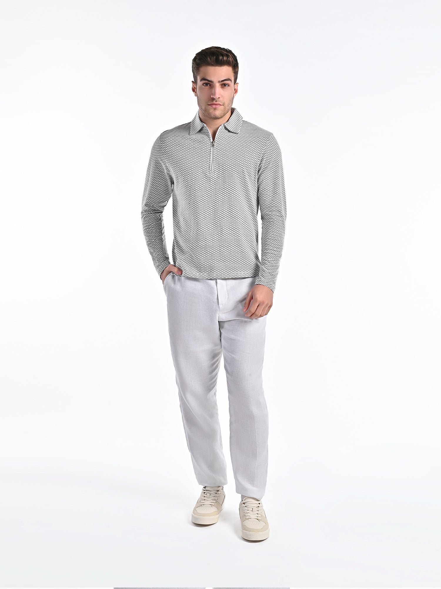 Mercerised Jacquard Full Sleeve Polo in Ash Grey