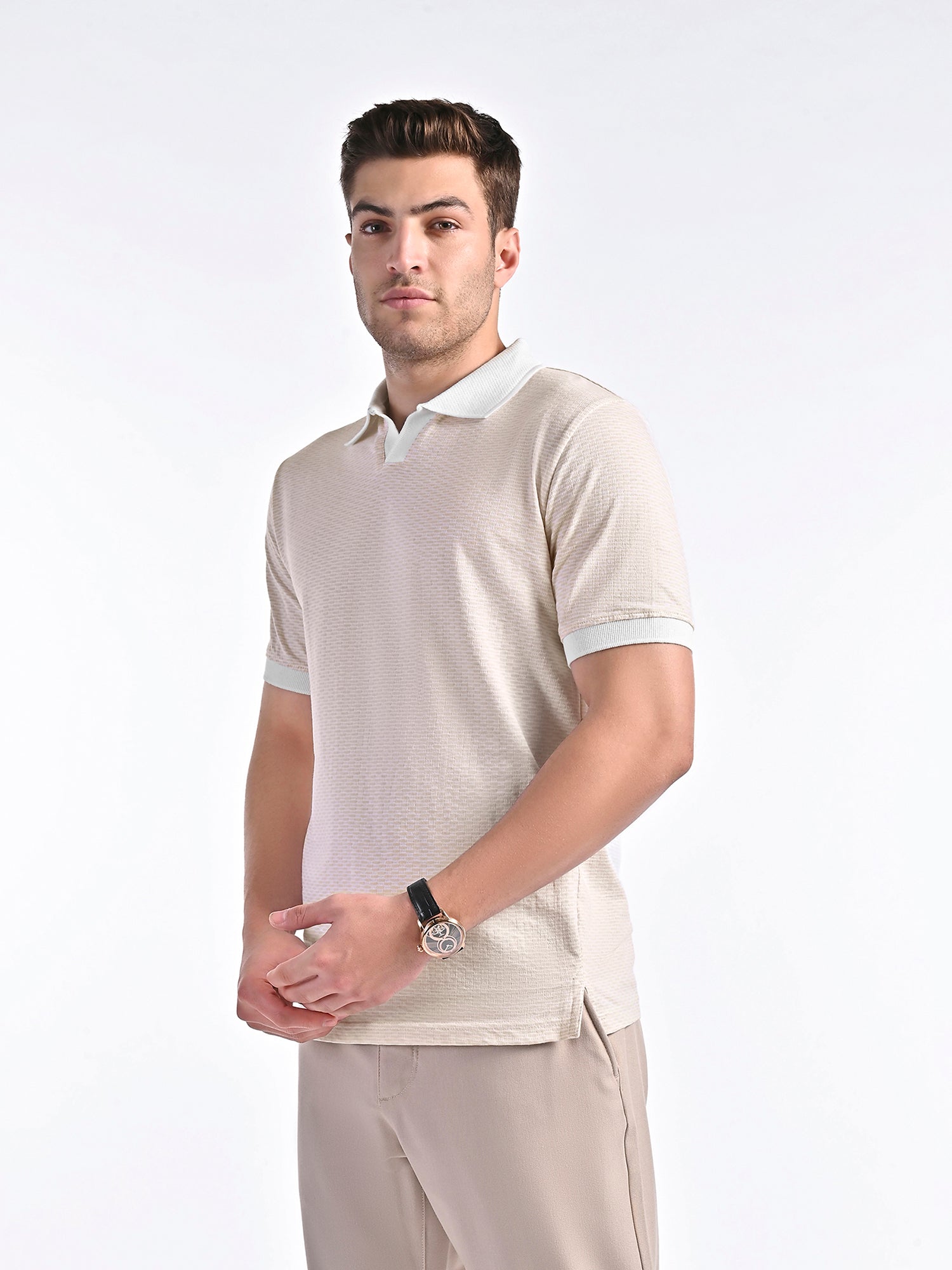 Mercerised Jacquard Polo in Biscotti Beige