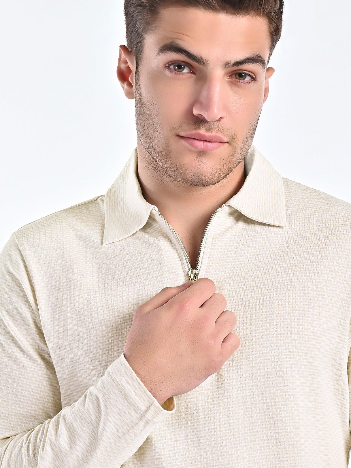 Mercerised Jacquard Full Sleeve Polo in Biscotti Beige