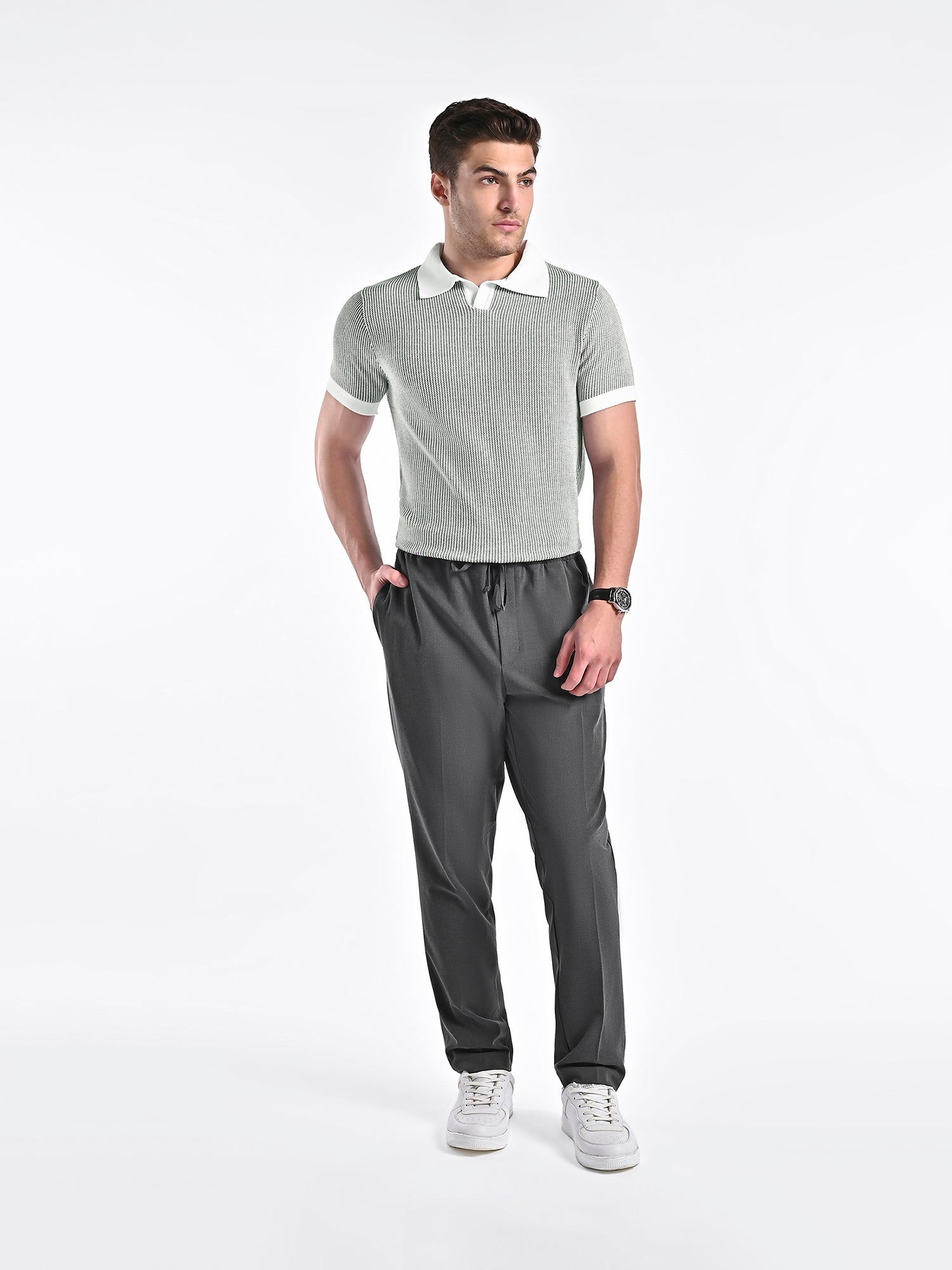 Jacquard Johnny-Collar Knit Polo in Forest Green X White