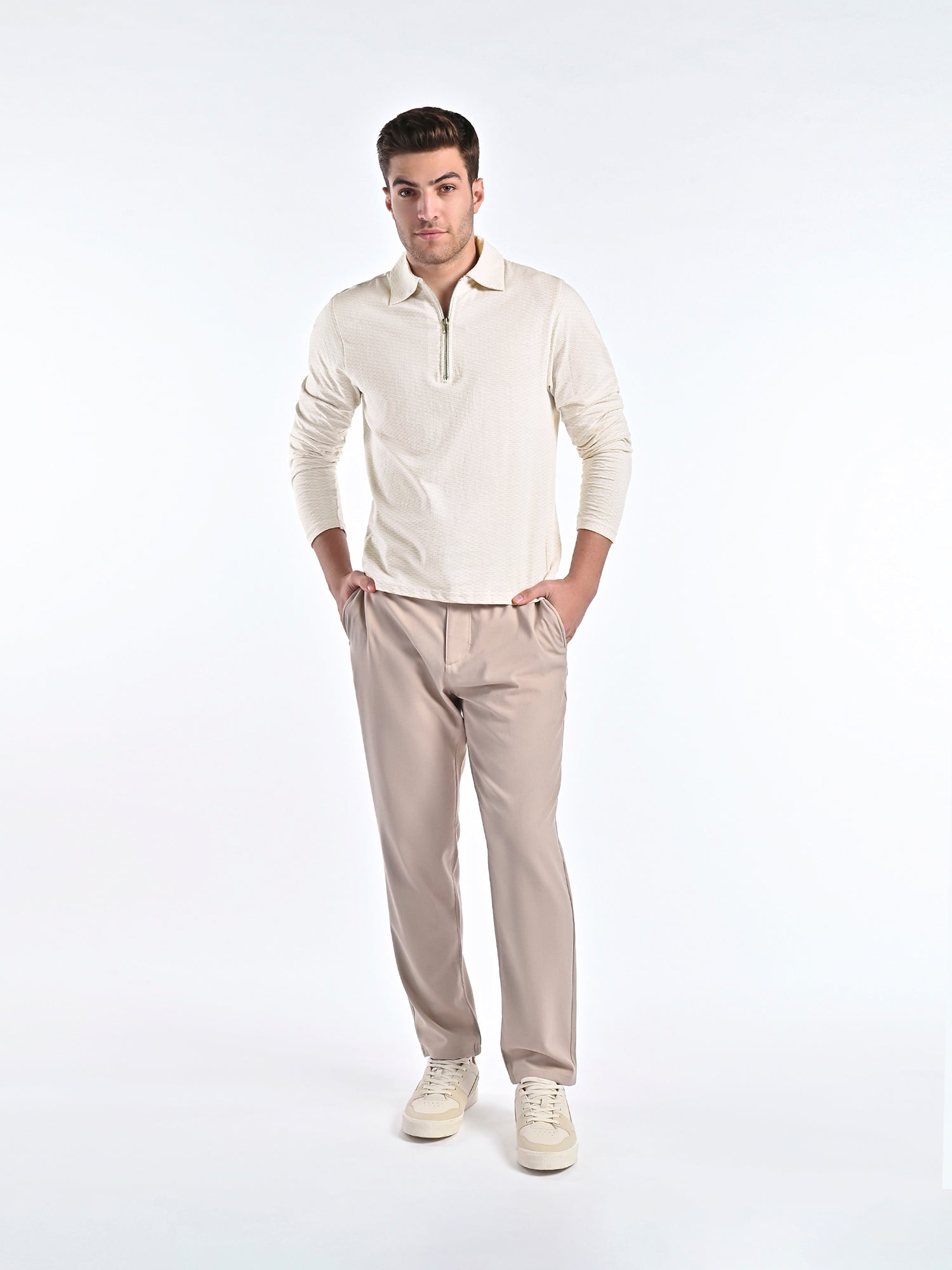 Mercerised Jacquard Full Sleeve Polo in Biscotti Beige