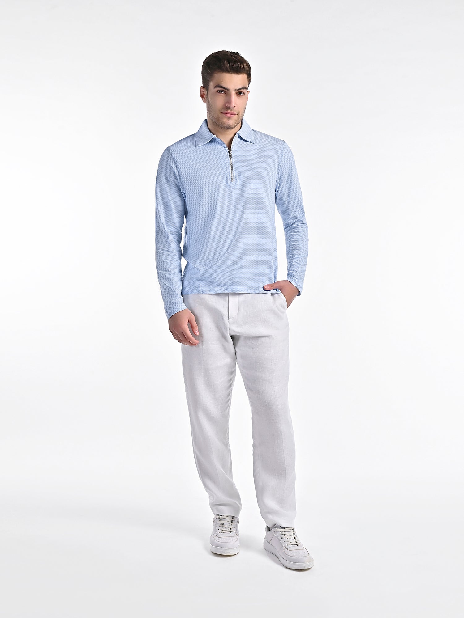 Mercerised Jacquard Full Sleeve Polo in Mykanos Blue