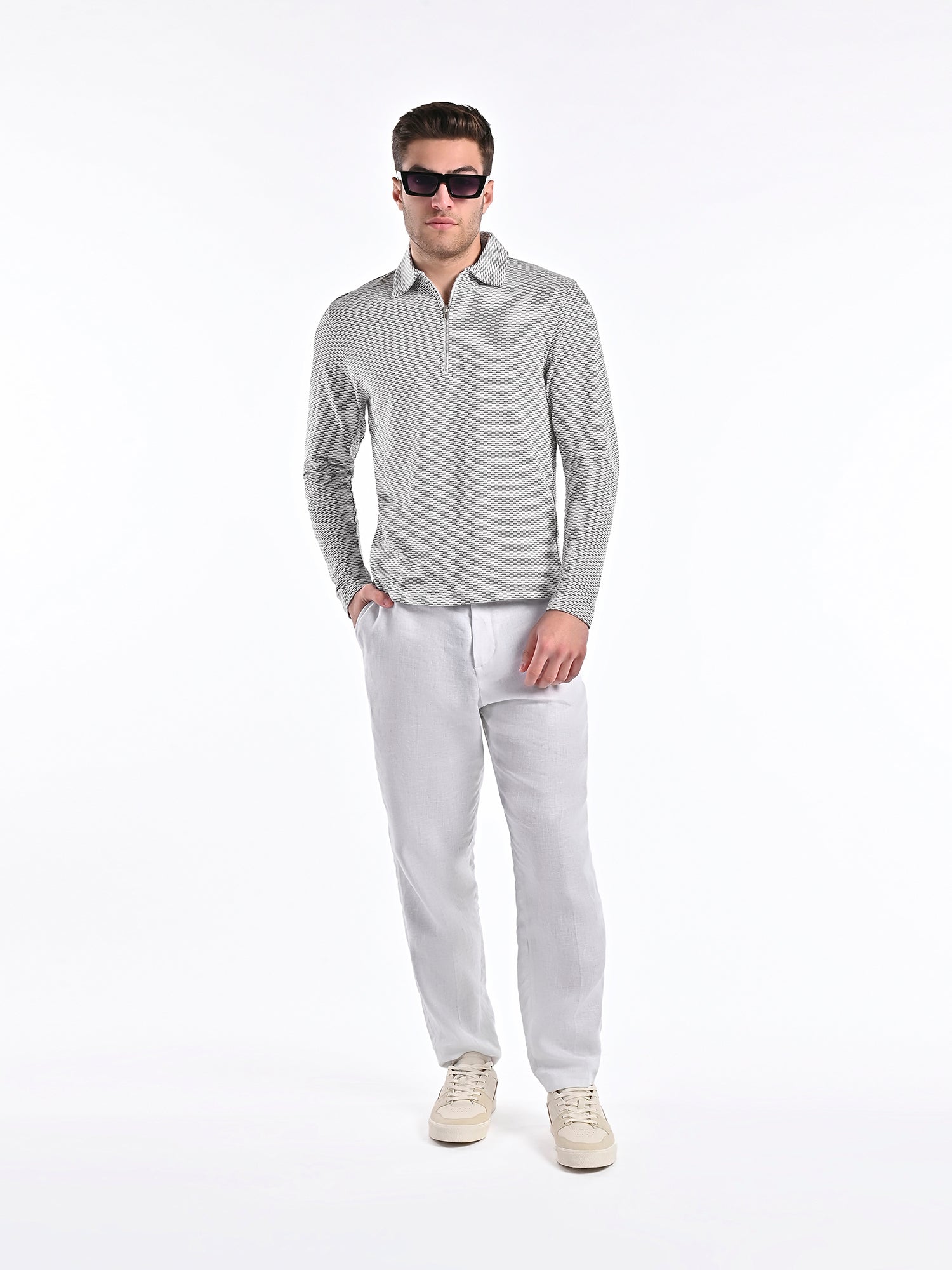 Mercerised Jacquard Full Sleeve Polo in Ash Grey