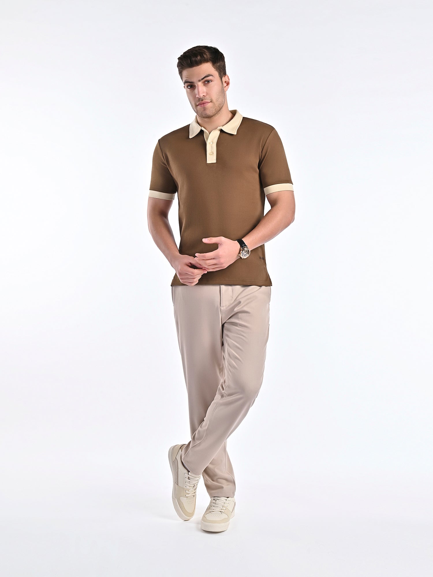 Smooth-Touch Contrast Polo in Cinnamon Brown