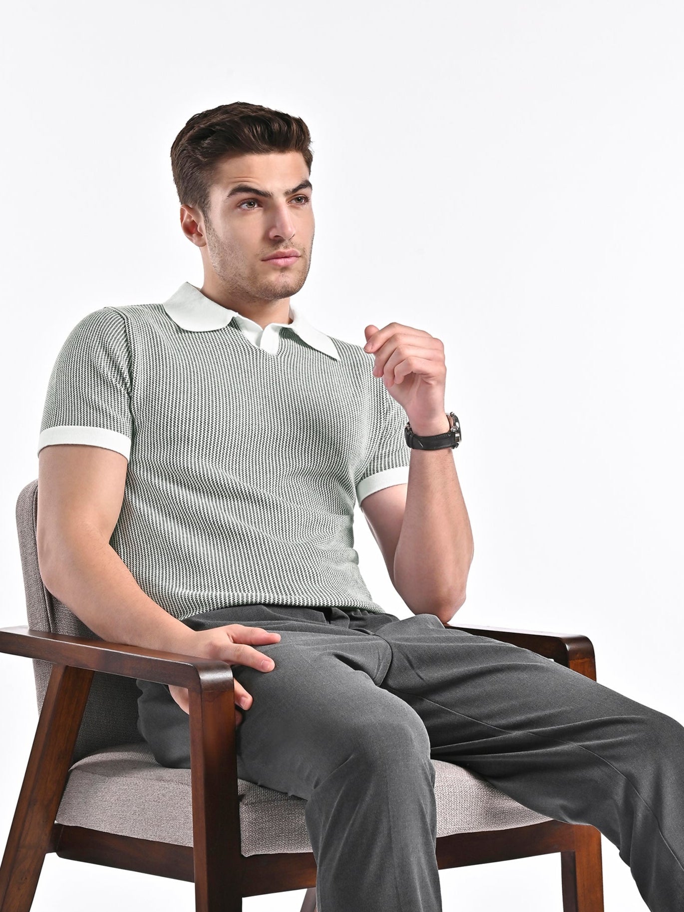 Jacquard Johnny-Collar Knit Polo in Forest Green X White