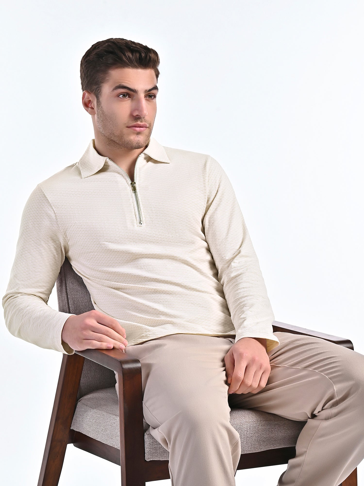 Mercerised Jacquard Full Sleeve Polo in Biscotti Beige