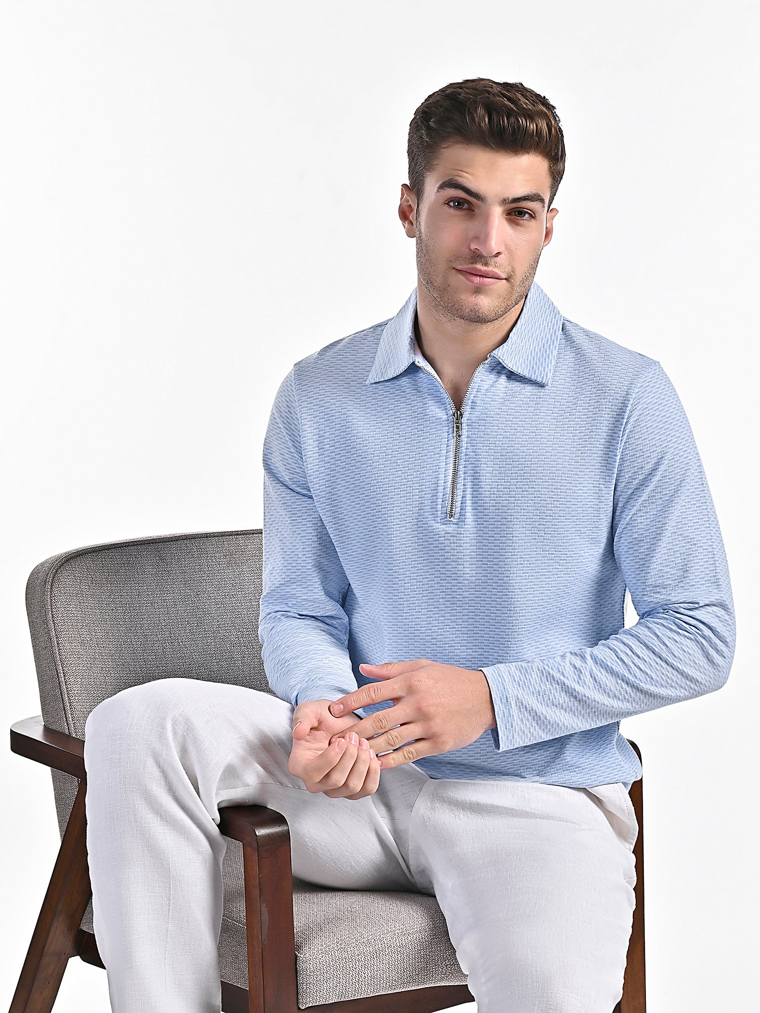 Mercerised Jacquard Full Sleeve Polo in Mykanos Blue