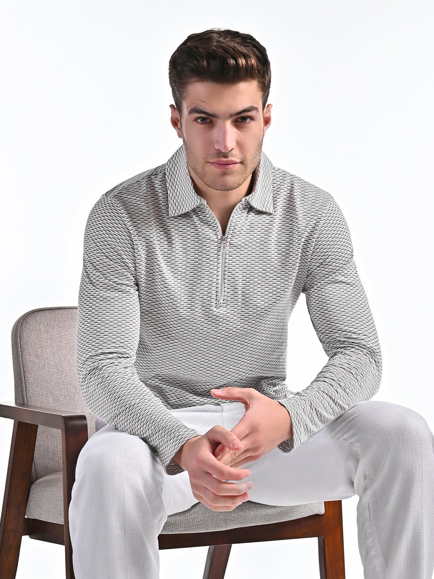 Mercerised Jacquard Full Sleeve Polo in Ash Grey