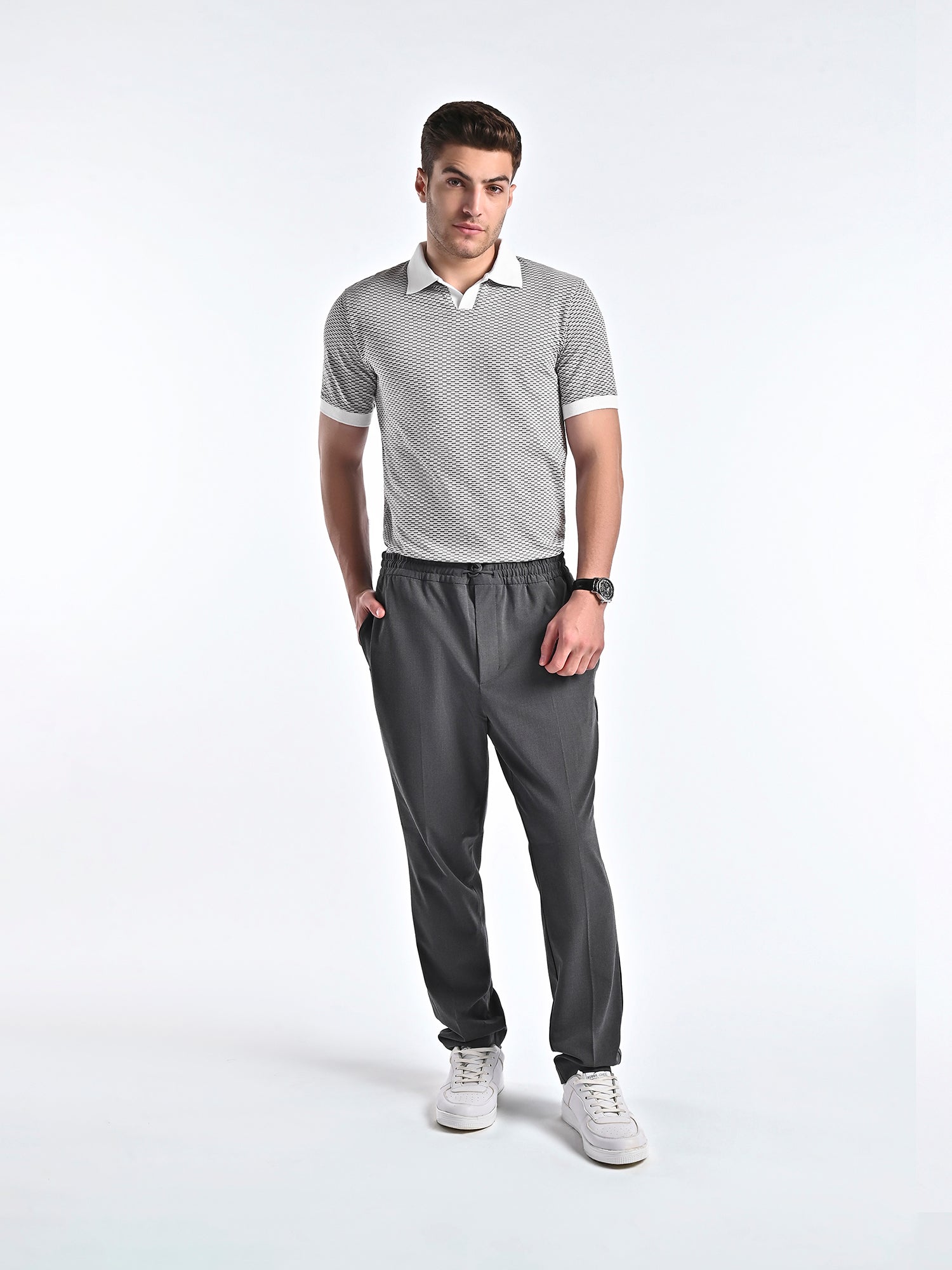 Mercerised Jacquard Polo in Ash Grey