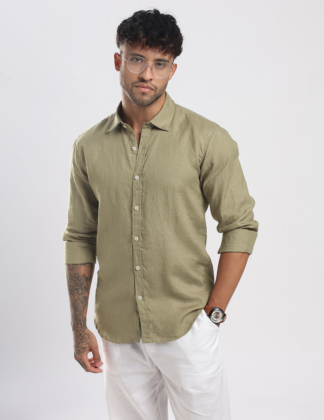 100% Linen Soft Touch Shirt in Meadow Green