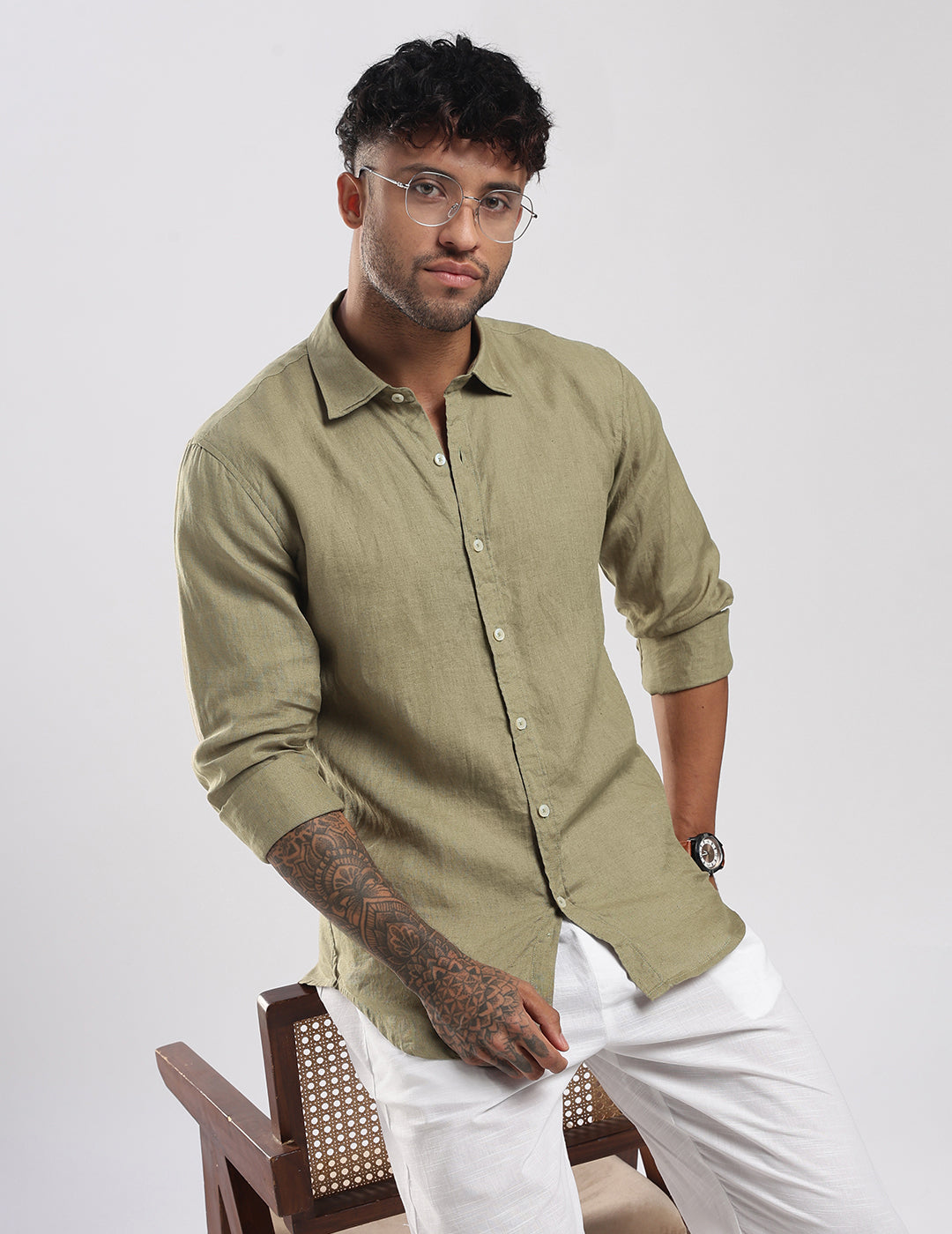 100% Linen Soft Touch Shirt in Meadow Green